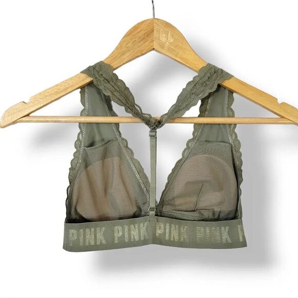 Victoria's Secret Pink Lace T-Strap Logo Bralette in Army Green Size Small - Picture 2 of 13